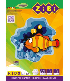 Carton colorat dublu A4, 8 foi, 8 culori, 215 g/m² ZIBI